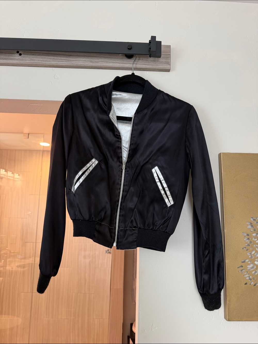 80s vintage Women's Black Satin Bomber Jacket with Silver Trim